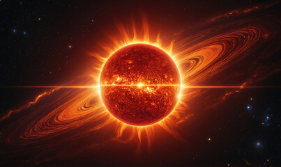 Wall Mural - a bright star with a ring system shines against a dark, starry background