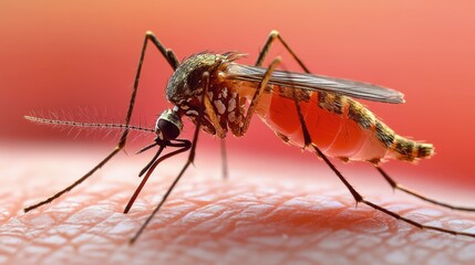 Mosquito biting skin, close-up, spreading malaria, under soft natural light