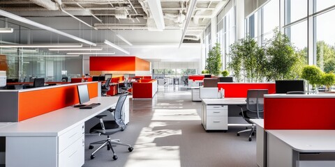 Innovative office design with open workspaces ergonomic furniture and advanced technology creating a modern professional environment