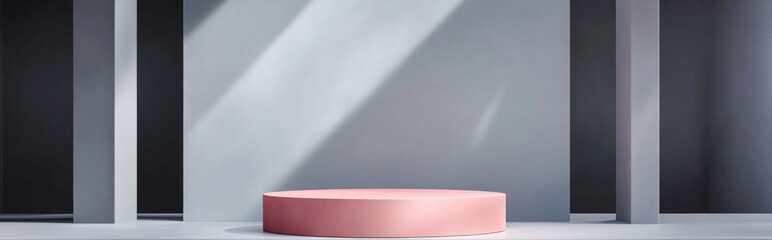 Poster - 3D gray backdrop featuring a product display podium with a pink geometric platform