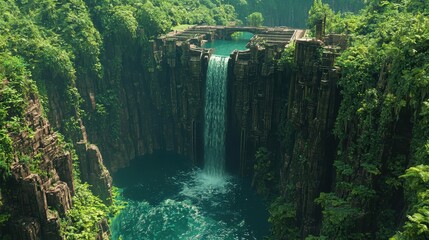 Canvas Print - Lush Jungle Waterfall and Ancient Ruins