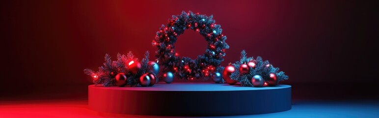 Aufkleber - 3D red background featuring a podium and a decorative wreath adorned with Christmas ornaments Seasonal holiday mockup for product presentation 3D render