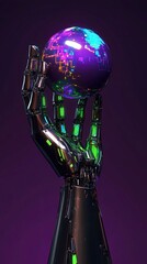 Wall Mural - robotic hand, holding a holographic globe, glowing circuits, dark background