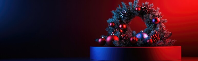 Aufkleber - 3D red background featuring a podium and a decorative wreath adorned with Christmas ornaments Seasonal holiday mockup for product presentation 3D render