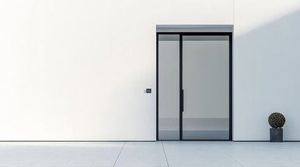 Wall Mural - 20. **A modern entry door with a clear glass insert and minimalist design, displayed on a pristine white background.