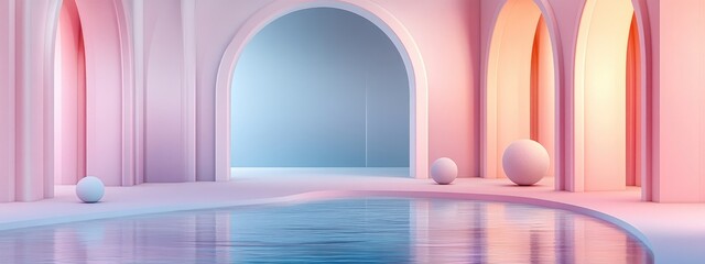 3D render of an abstract cosmetic backdrop featuring a product An empty setting with arches water and spherical lights on the floor Minimal wall in pastel colors designed for a fashion showcase or