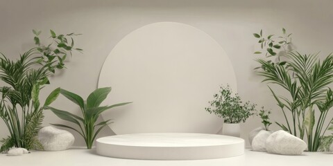 Leinwandbilder - 3D rendering of an empty podium mockup featuring geometric shapes and a nature inspired theme for showcasing products