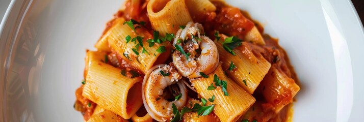 Canvas Print - Calamarata Pasta with Paccheri, Calamari, and Tomato Sauce