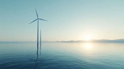 Wind turbine reflection, in a calm lake, clear sky, soft morning light