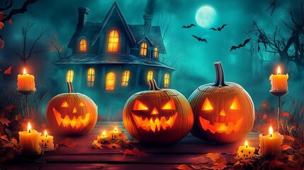 Wall Mural - A Mysterious and Eerie Halloween Night Scene with Pumpkins