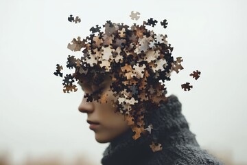 Canvas Print - Profile of a woman with puzzle pieces disintegrating from her head symbolizing the fragility of memory mental health challenges and the fading process of cognition in a muted abstract composition