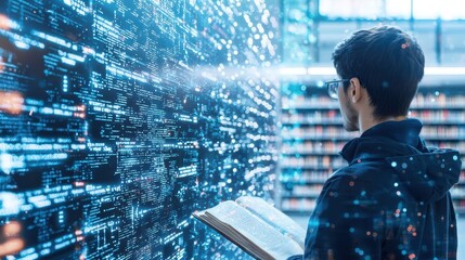 Man Reading Book with Code and City Lights Overlays