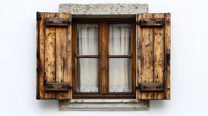 Wall Mural - 27. **A charming wooden window with shutters, isolated on a pristine white background.