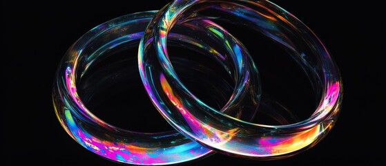 Poster - Intertwined Iridescent Rings on Black Background