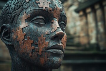 Poster - Close up of a weathered sculpture with embedded puzzle pieces representing the resilience of the human spirit and the complexity of inner thoughts over time