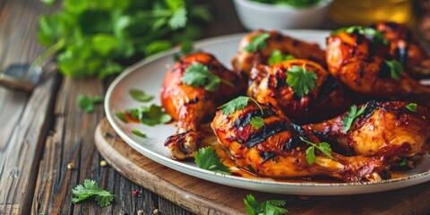 Grilled chicken drumsticks served on a white plate with a coriander garnish, displayed on a wooden table.