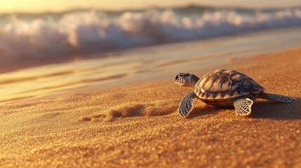 Baby sea turtles crawl across the sandy beach, heading towards the vast ocean. Their small, fragile bodies contrast the vast ocean before them as they begin their journey into the water.