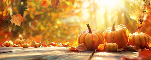 mini thanksgiving pumpkins and leaves on a rustic wooden table with sunlight and bokeh background - 