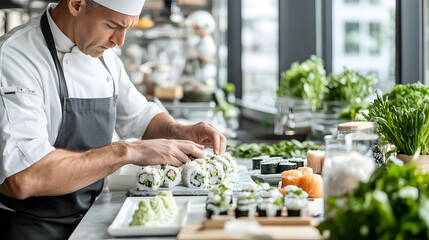 Chef preparing sushi at a sleek modern kitchen