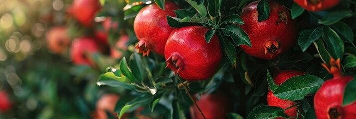 Poster - Lush green shrub adorned with succulent red pomegranates