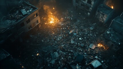 Destruction and chaos in a devastated urban area engulfed in flames after a catastrophic event during the night