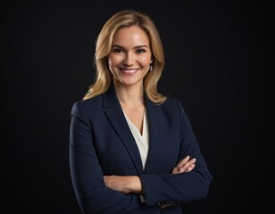 Wall Mural - a professional head shot on a black background of a business women in a suit smiling at the camera with her arms crossed