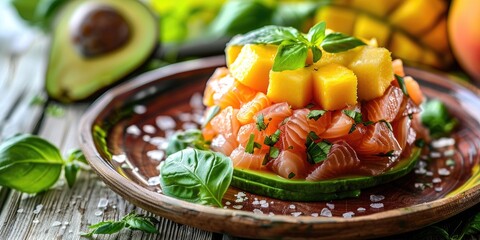 Wall Mural - Nourishing Culinary Idea: Salmon Tartare with Avocado, Mango, and Basil on a Rustic Surface