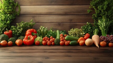 Fresh organic vegetables, assorted on wooden table, 3D illustration