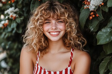 Wall Mural - Joyful young woman with curly blonde hair standing outdoors among greenery smiling radiantly in the sunshine capturing a carefree and vibrant summer vibe