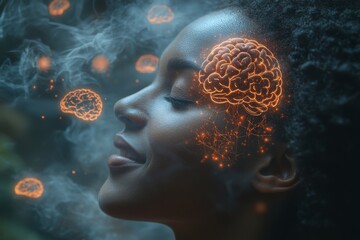 Wall Mural - Serene profile of a woman in deep thought surrounded by a glowing brain illustration and soft mist representing mindfulness mental wellness and the peaceful connection to ones inner self