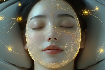 Sticker - Peaceful young woman lying down with her eyes closed surrounded by glowing neural connections symbolizing deep relaxation mental rejuvenation and a serene connection to her inner self