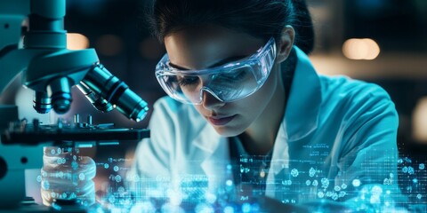 Aufkleber - a scientist studying cells under a microscope, with digital overlays showing critical research data