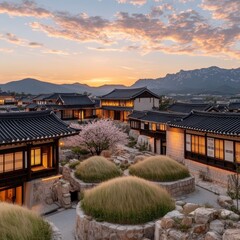 Wall Mural - Tranquil Traditional Village at Sunset with Mountain Backdrop, Illuminated Windows, and Gorgeous Landscape Architecture