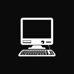 Wall Mural - simple icon of a desktop computer, including monitor, keyboard, and mouse, on a black background.