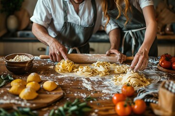 Wall Mural - Two people are making pasta on a table with a variety of ingredients