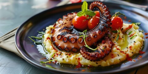 Wall Mural - Charred octopus resting on creamy potato puree with tomatoes presented on a contemporary dish