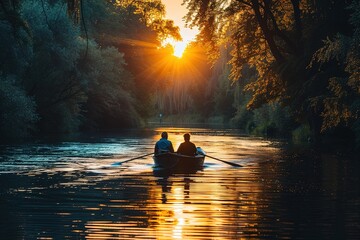 Two people are rowing a boat on a river