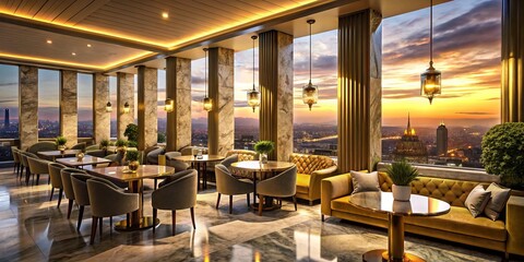 modern brasserie dusk ambiance wrapping luxurious velvet banquettes around gleaming marble columns surrounded by majestic cityscape silhouette fading into warm golden dawn