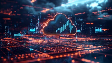 Wall Mural - advanced cloud data analytics, floating holographic graphs and charts representing data trends, surr