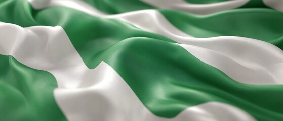 Hyper-realistic 3D render, waving Nigerian flag, green and white vertical stripes, smooth and flowing fabric, flag filling the full frame, bright daylight creating a natural shine on the surface