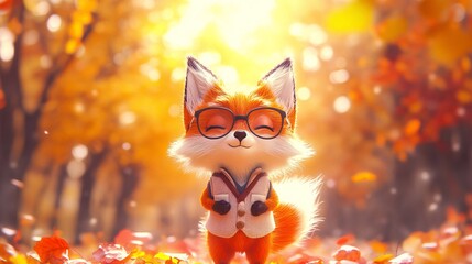 Cute fox, orange and white fur, wearing a tiny vest and glasses, standing on two legs, whimsical forest setting, trees with colorful autumn leaves in the background, soft sunlight filtering through