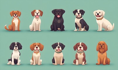 Colorful Cartoon style Depiction of Diverse Worldwide Dog Breeds on Pastel Background