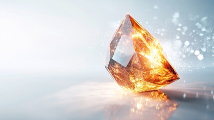 game design, mysterious crystal shard, emitting a soft glow and embedded with intricate patterns, floating with reflections on a white background