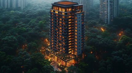 Modern high-rise apartment building with illuminated windows surrounded by a lush forest at night.