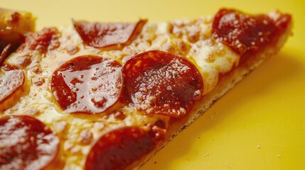 Close-up of pepperoni pizza slice with tangy sauce and gooey cheese on a vibrant background.