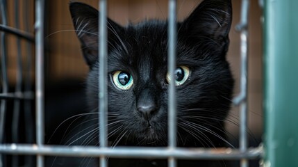 Wall Mural - Forsaken black cat with emerald eyes hiding in an animal shelter, hoping for a second chance at a loving life.