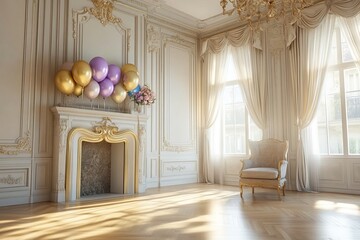 Canvas Print - Elegant room with a colorful array of balloons by the fireplace evoking a sense of joy celebration and the beauty of a well decorated space