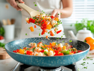 Wall Mural - Blue pan held by woman with coloured vegetables. AI generative.