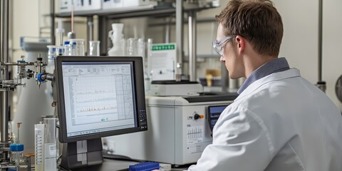 Wall Mural - high-resolution shot of a chemist observing a chromatogram on a monitor, with detailed lab equipment