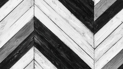 Chevron pattern made from wooden planks, alternating between black and white colors. The texture of the wood is visible, showcasing its natural grain and imperfections.